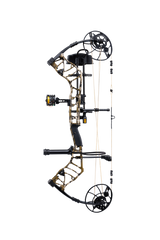 Mossy Oak Bottomland colored Bear Archery Legend 30 RTH compound bow with a stable 30 RTH-inch axle-to-axle length comes ready-to-hunt.