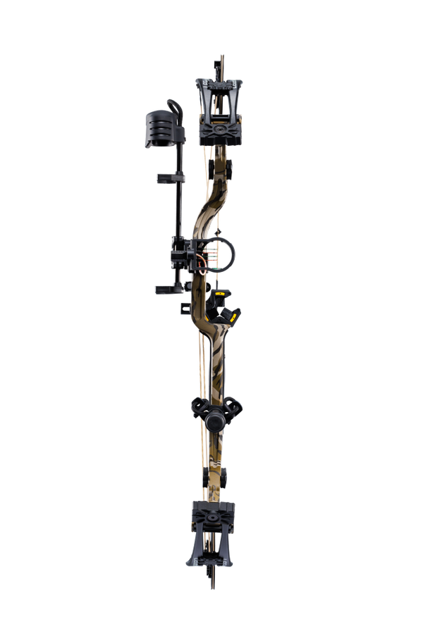 Front view of the Bear Archery Legend 30 RTH hunting bow package with a 30” axel-to-axel, hybrid cams, and a sleek modern finish in color Mossy Oak Bottomland.