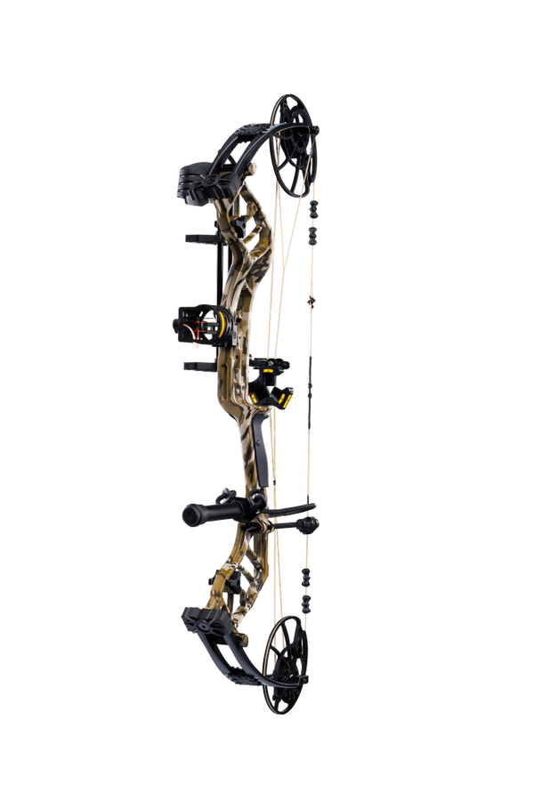 Lightweight Bear Archery Legend 30 RTH hunting bow package in color Mossy Oak Bottomland featuring a high let-off design, vibration-reducing dampeners, and Bear Paw Grip.