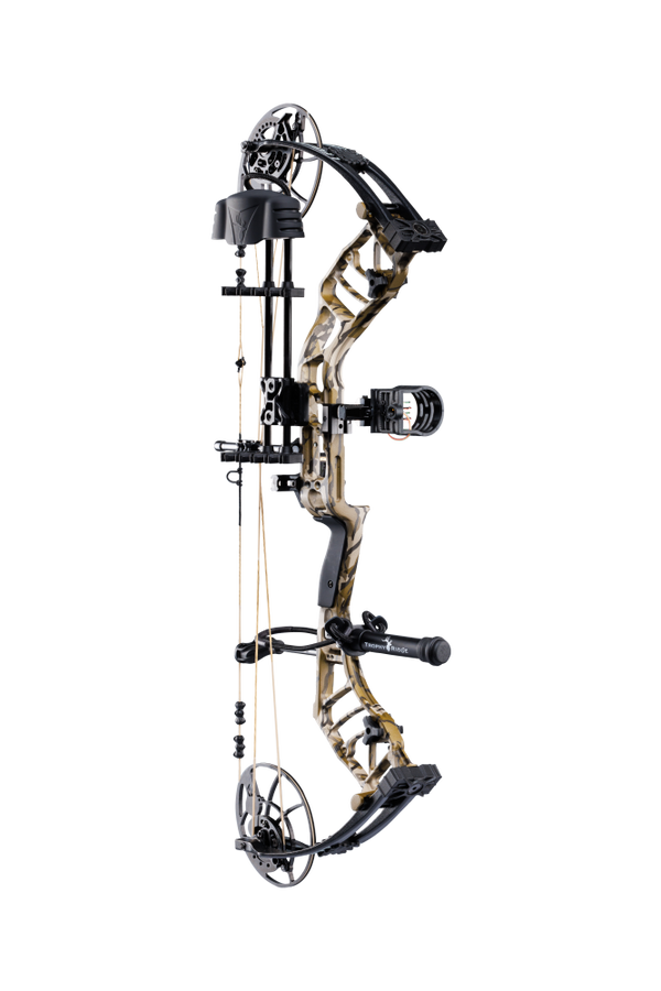 Bear Archery Legend 30 RTH hunting compound bow in color Mossy Oak Bottomland with a stable 30 RTH-inch axle-to-axle length, smooth draw cycle, and optimized performance for bowhunters.