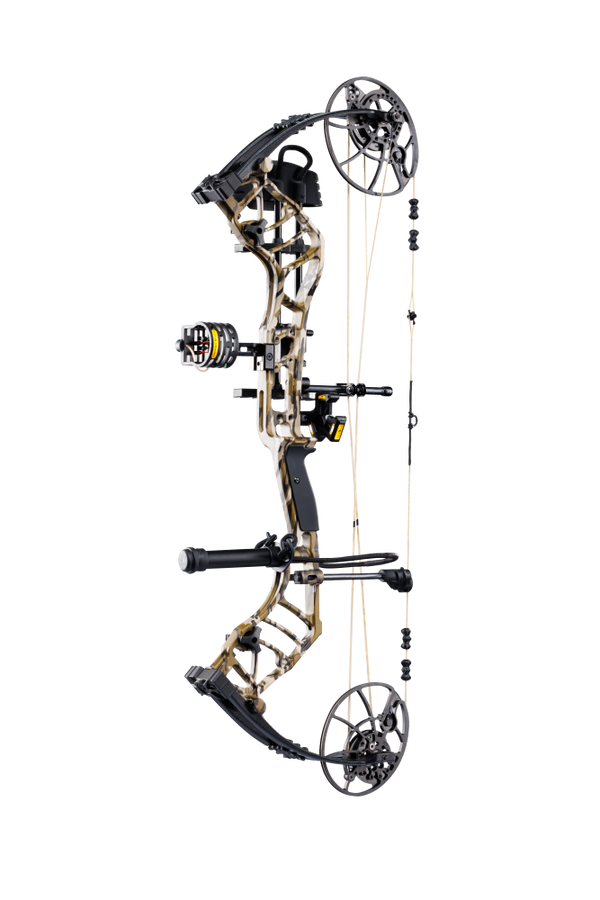 Lightweight Bear Archery Legend 30 RTH hunting bow package in color Mossy Oak Bottomland featuring a high let-off design, vibration-reducing dampeners, and Bear Paw Grip.