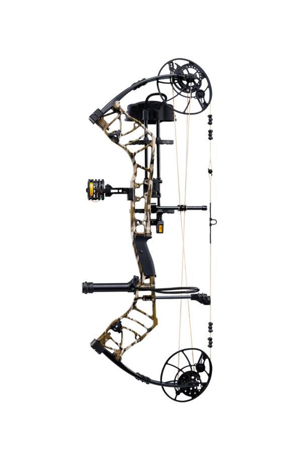 Bear Archery Legend 30 RTH compound bow for hunting with a smooth hybrid cam system, offering adjustable draw length and weight for precision shooting in color Mossy Oak Bottomland.