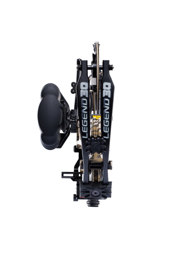 Close up of Bear Archery Legend 30 RTH hunting compound bow limbs on color Mossy Oak Bottomland.