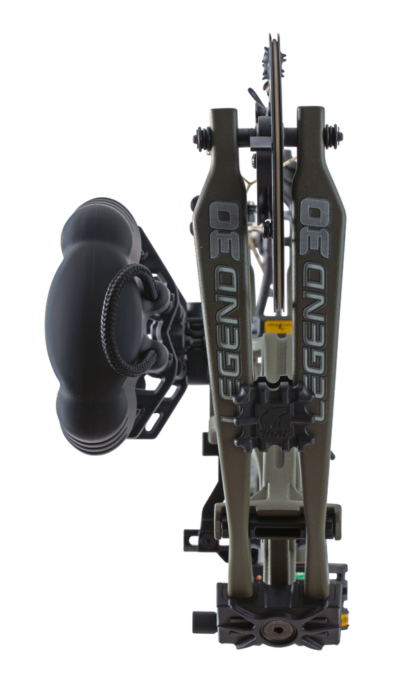 Close up of Bear Archery Legend 30 RTH hunting compound bow limbs on color Olive.