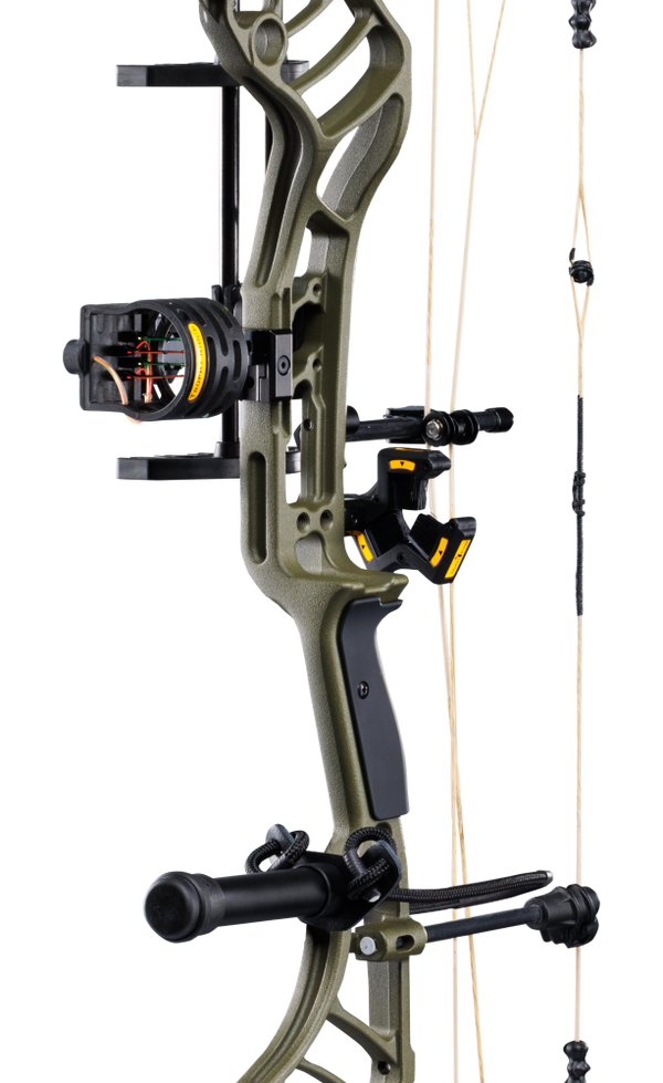 Close up of the Bear Archery Legend 30 RTH package from Trophy Ridge including sight, whisker biscuit, stabilizer, wrist sling, and arrow quiver.
