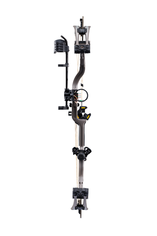 Front view of the Bear Archery Legend 30 RTH hunting bow package with a 30” axel-to-axel, hybrid cams, and a sleek modern finish in color Stone.