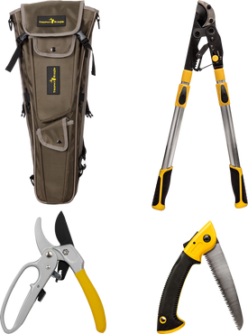 Trimmer Kit including ratcheting loppers, hand saw, and ratcheting pruner